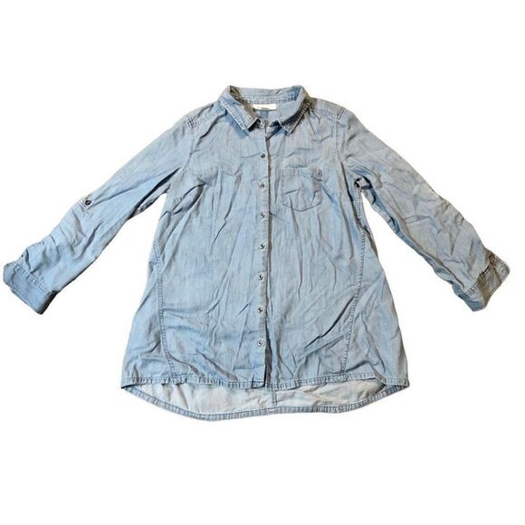 Motherhood Maternity Denim Button Down Rolled Tab Sleeve Blouse Size Medium - Picture 1 of 13